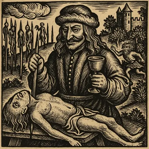 Ortaçağ tarzında yapılmış bir gravürde, Vlad Tepeş’in bir kurbanı kazığa oturturken elinde bir kadeh tuttuğu sahne; arka planda kazıklara geçirilmiş bedenler ve bir şato görünür.